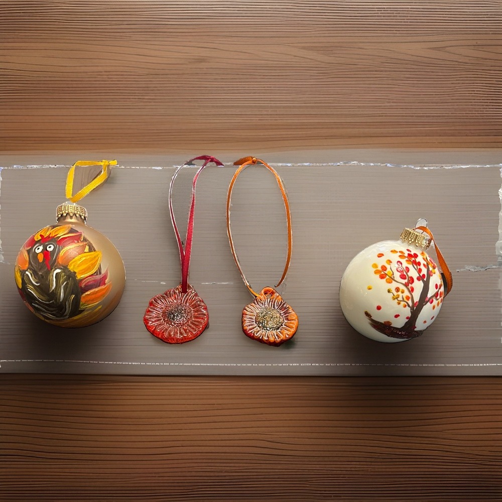 Rustic Fall Harvest Ornament Set Hand Painted Turkey & Resin Flower Cottagecore